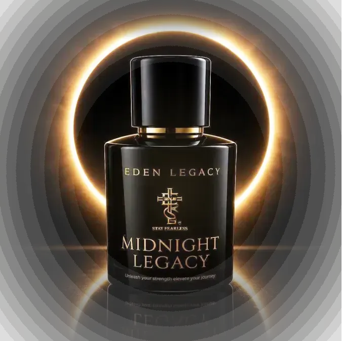 Midnight Legacy Extrait de Parfum by Eden Legacy, a black bottle reflected beneath a glowing golden ring.