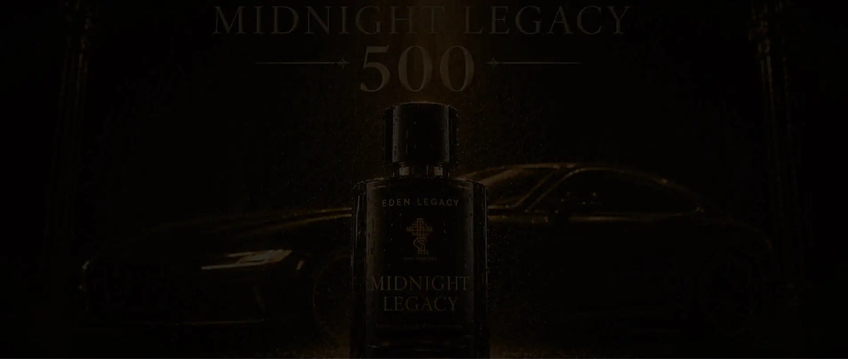 Midnight Legacy Extrait de Parfum by Eden Legacy, a bottle beneath large golden “500” lettering against a dark background.