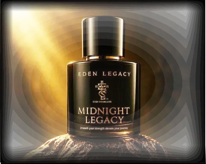 Midnight Legacy Extrait de Parfum by Eden Legacy, a bottle on a rock illuminated by golden light from the upper left.