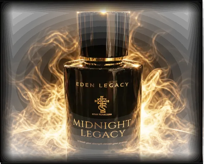 Midnight Legacy Extrait de Parfum by Eden Legacy, a black-and-gold bottle surrounded by swirling golden smoke.