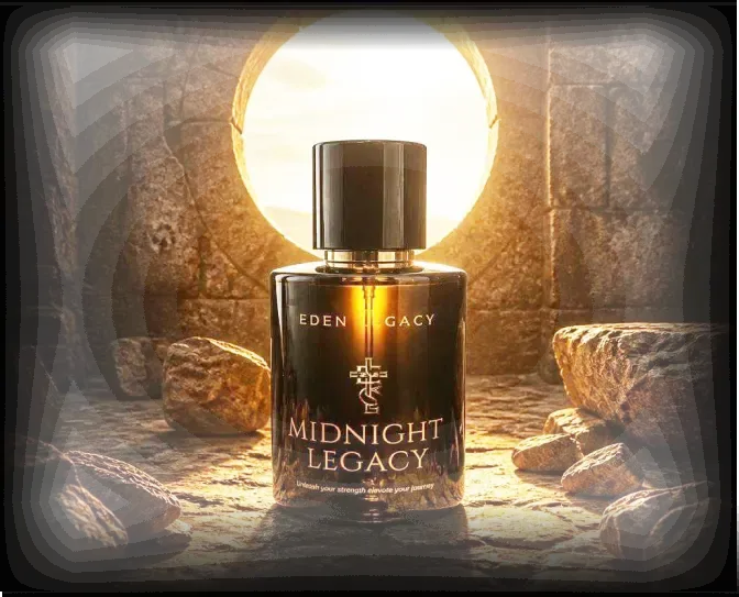 Midnight Legacy Extrait de Parfum by Eden Legacy, a bottle on stone with a sunlit circular opening behind it.