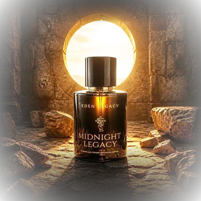Midnight Legacy Extrait de Parfum by Eden Legacy, a bottle among rocks beneath a brightly lit circular stone opening.