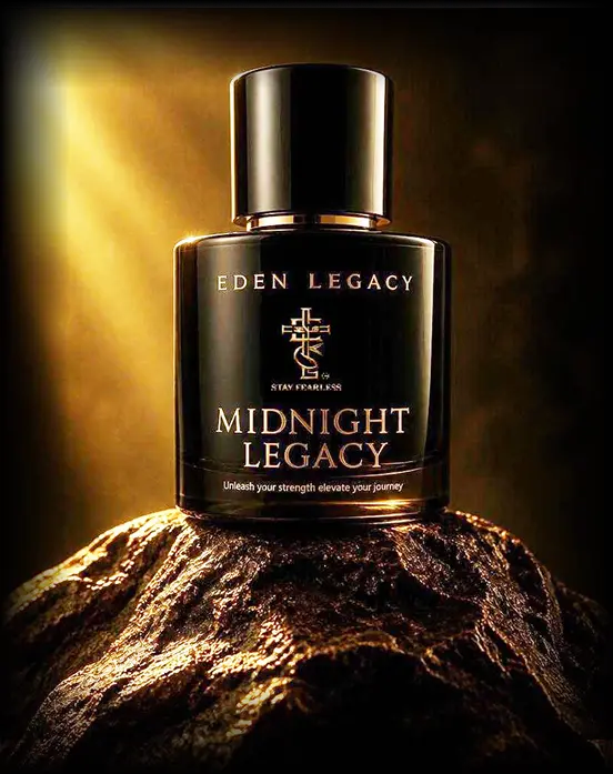 Midnight Legacy Extrait de Parfum by Eden Legacy, a bottle atop rugged rock against a softly glowing golden background.