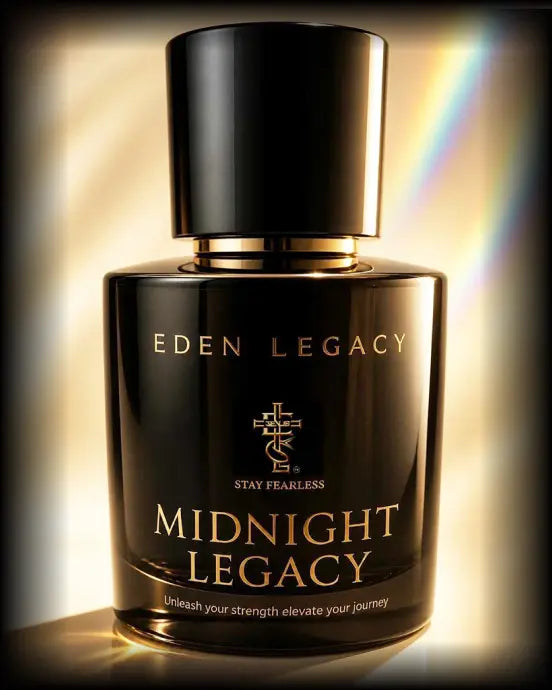 Midnight Legacy Extrait de Parfum by Eden Legacy, a bottle close-up in warm light with a rainbow reflection.