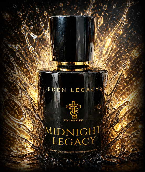A black perfume bottle with gold lettering reading 'EDEN LEGACY' and 'MIDNIGHT LEGACY' is centered against a dramatic gold liquid splash background. The bottle has a glossy black cap and a gold emblem on the front.